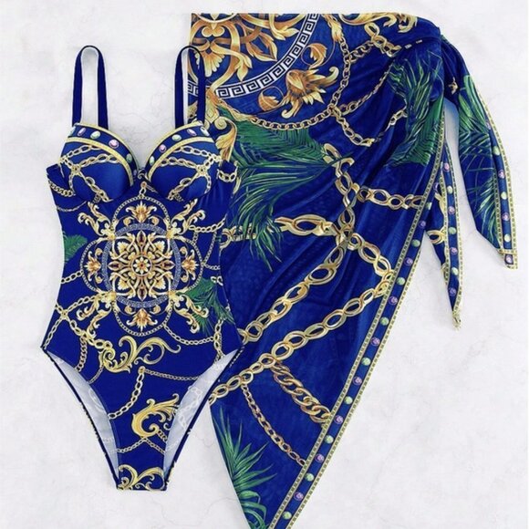 Push Up One Piece Chain Print Swimsuit With Beach Skirt - Picture 5 of 7